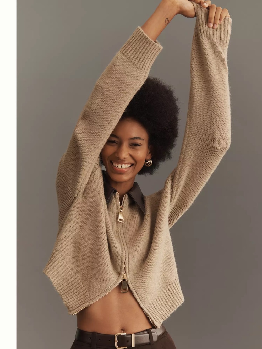 ANTHROPOLOGIE Faux Leather Mixed Cardigan Sweater Tan Size XS